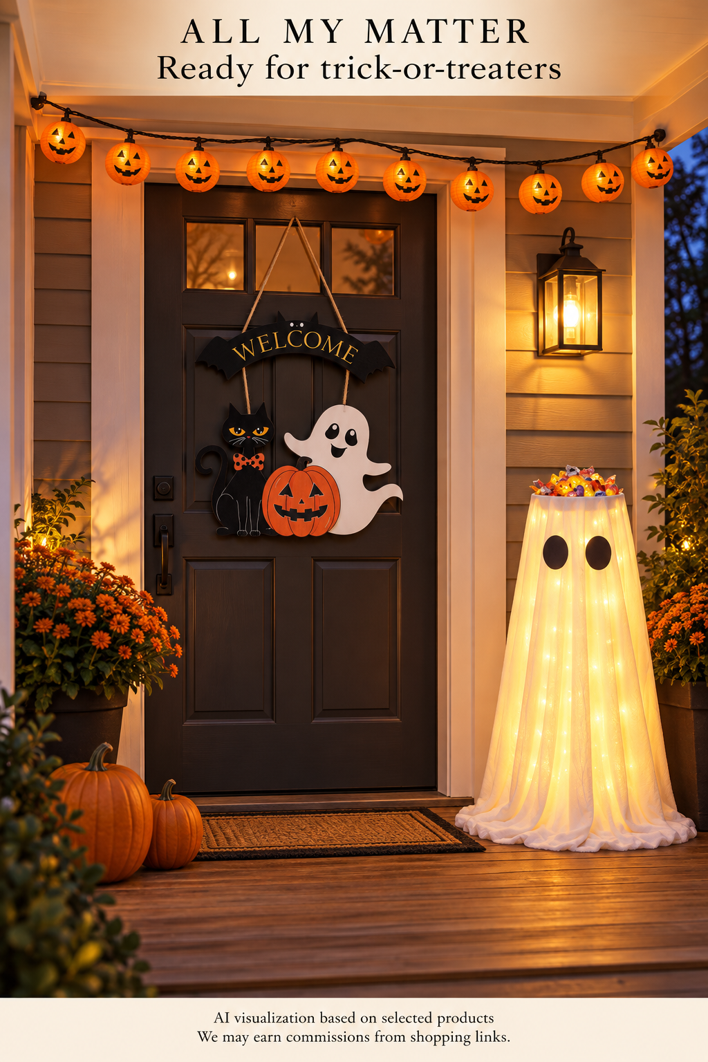 AI visualization of a covered porch with the selected welcome sign, ghost candy stand and pumpkin lantern lights
