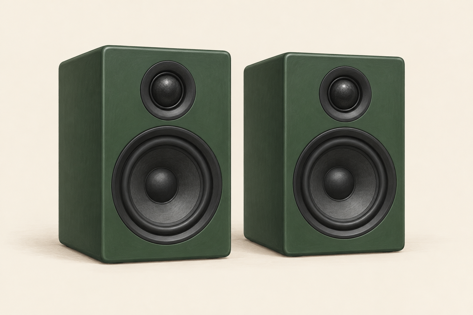 AI illustration representing Audioengine A2 Gen 3 powered speakers — Matte Green